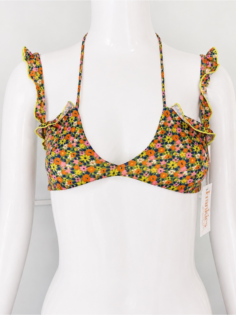 FRANKIES BIKINIS NWT Mackenzie Hippie Floral Ruffle Bikini Top 60’s Retro Small